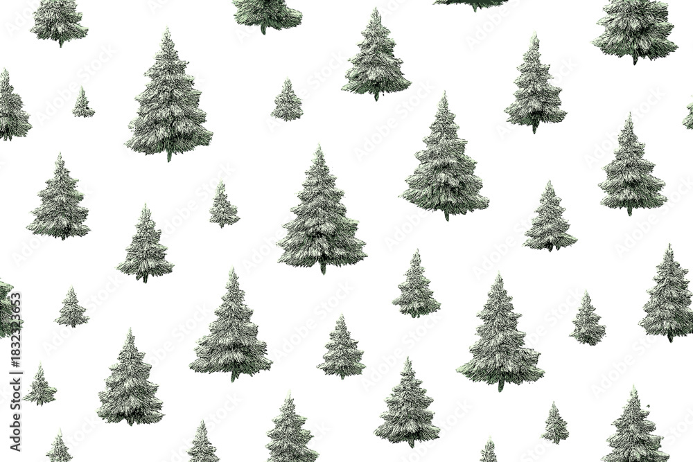 Fototapeta premium Seamless pattern of hand-drawn pine trees on green background