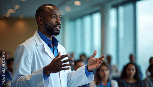 Black doctor in white lab coat talks to audience at medical seminar. Man gestures with hands, discusses health care topic. People listen attentively in large conference room.