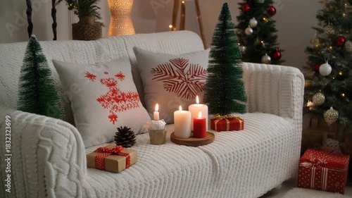 Cozy Christmas living room with decorative trees, candles, gifts, and festive pillows 
