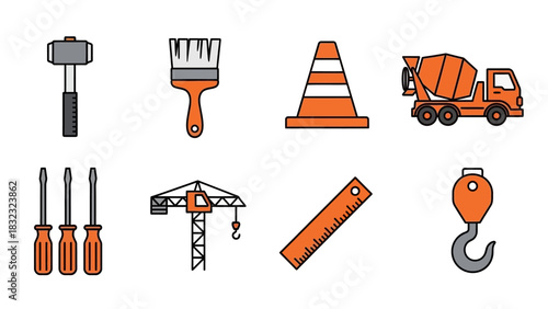 A collection of colorful outline icons for the construction industry, showcasing essential building tools and heavy machinery like a crane and mixer truck