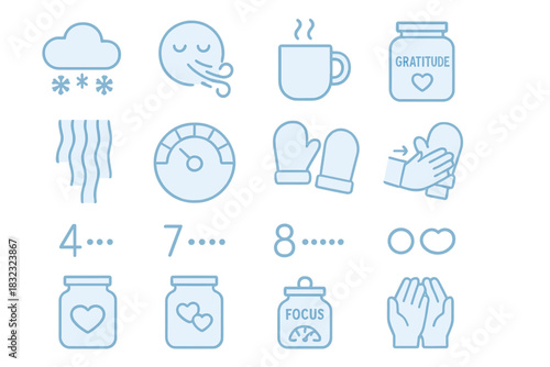 Soft blue wellness and winter icon set with calming visuals