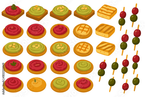 Cartoon canapés and skewered snacks on warm gradient background