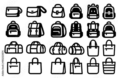 Set of black line bag and backpack icons on gray background
