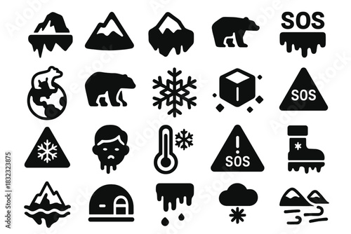 Set of climate change and arctic warning icons in black