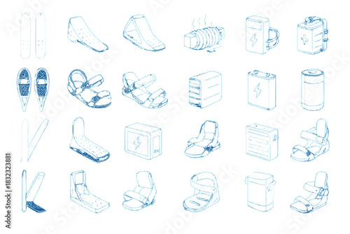 Winter gear and equipment outline icons on frosty blue background