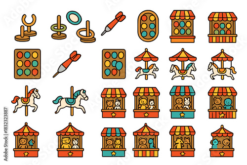 Carnival game and carousel icon set in colorful hand-drawn style