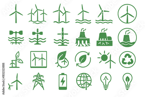 Eco energy icon set with wind turbines, leaves, and power symbols