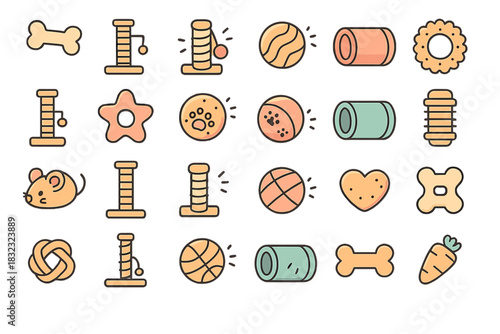 Hand-drawn pet toy and treat icon set with soft brown tones
