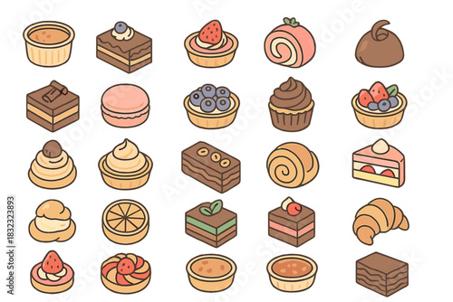Hand-drawn dessert icon set featuring cakes, tarts, and pastries