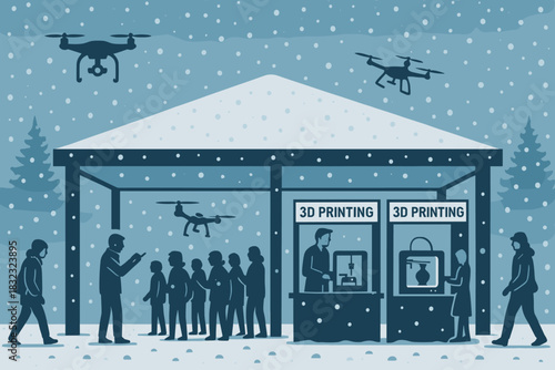 Winter tech fair with 3D printing booths and flying drones
