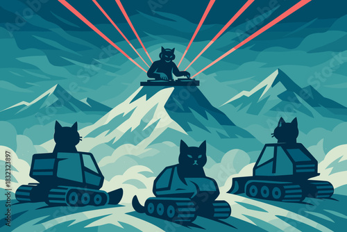 Cats in snow vehicles attend DJ cat concert in mountain landscape