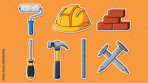 Set of building industry and home repair tool icons in a flat cartoon sticker style illustration
