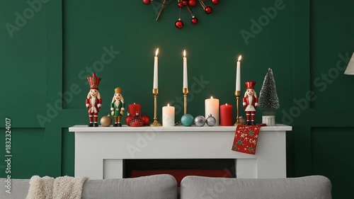 Christmas mantel styling with candles, nutcrackers, and festive ornaments on a green wall