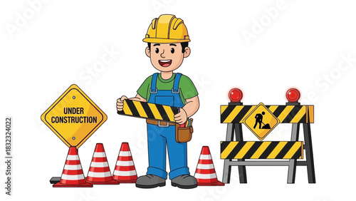 A smiling cartoon construction worker character in a hard hat standing by safety cones and an under construction sign. Vector illustration