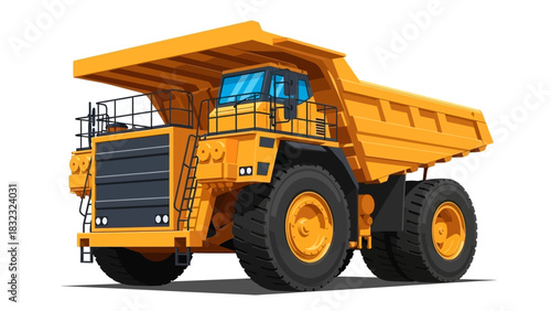 Powerful yellow haul truck for mining and quarry operations. Vector illustration of heavy industrial dumper machinery on an isolated background