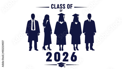 Illustration of graduating students for the Class of 2026, a group silhouette in academic gowns and caps for commencement
