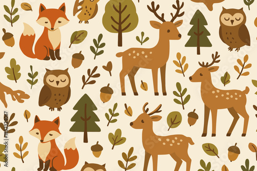 Cute forest animals seamless pattern with foxes and deer