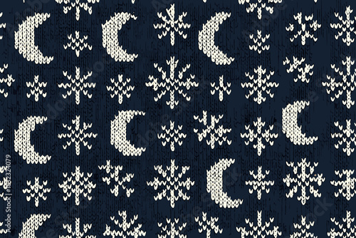 Knitted seamless pattern with crescent moons and snowflakes