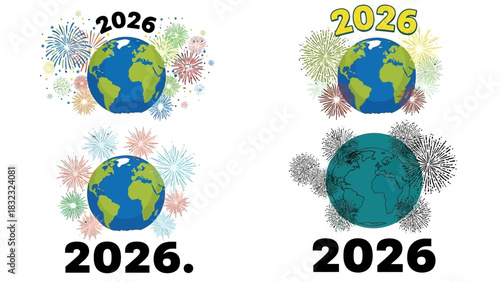 Happy New Year 2026 global celebration vector set. Illustrations of planet earth with festive fireworks for international greetings