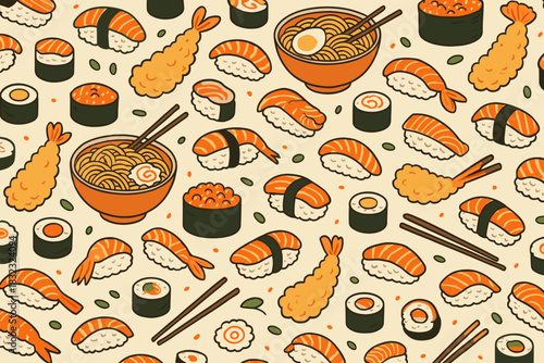 Seamless pattern with sushi, ramen, and tempura elements