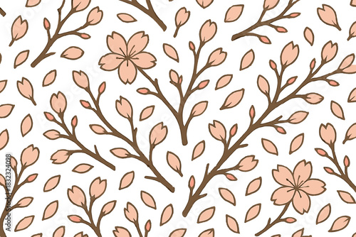 Seamless cherry blossom pattern with pink buds on beige
