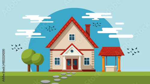 Charming country house with a red roof and water well in a peaceful rural landscape, flat vector illustration concept
