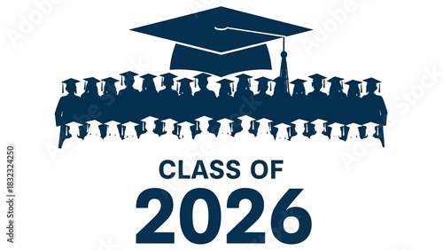 Graphic illustration of a graduating class of 2026, showing a silhouette of students wearing mortarboard caps for commencement