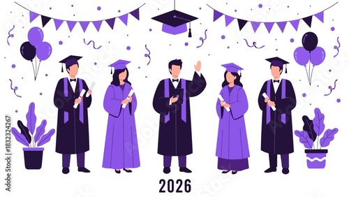 A diverse group of university graduates in academic gowns and caps celebrating their 2026 commencement ceremony with diplomas