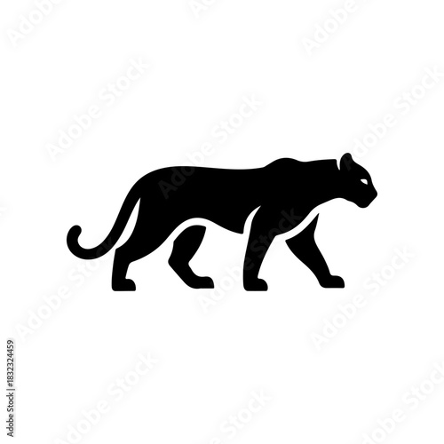 A bold black vector silhouette of a prowling or walking black panther cougar or mountain lion. The design is simple and dynamic representing speed power and wild nature.