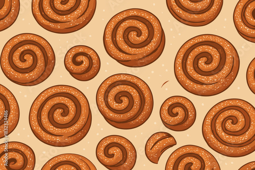 Seamless cinnamon roll pattern on warm beige background