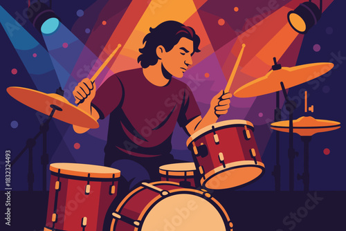 Male drummer performing on stage under colorful spotlights