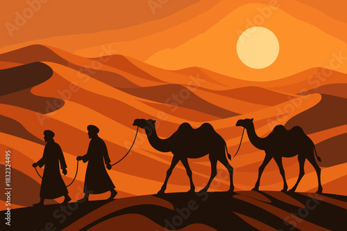 Silhouettes of men leading camels through desert at sunset