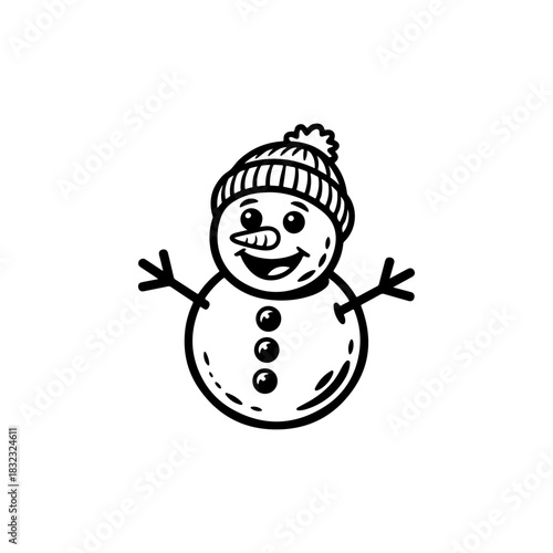 A simple black and white vector drawing of a cute happy smiling two-ball snowman mascot wearing a knit bobble hat with its stick arms raised. The style is childlike.