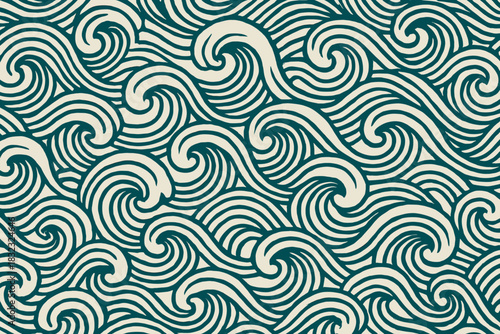 Vintage seamless ocean wave pattern in teal and cream