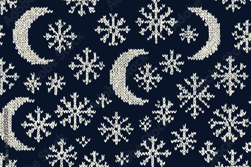 Knitted seamless pattern with crescent moons and snowflakes in cream on navy