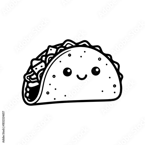 A simple black and white vector drawing of a cute happy friendly taco mascot with a smiling face and large eyes. The hard shell is filled with meat and lettuce.