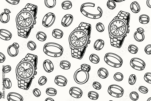 Seamless hand-drawn pattern of luxury watches and rings