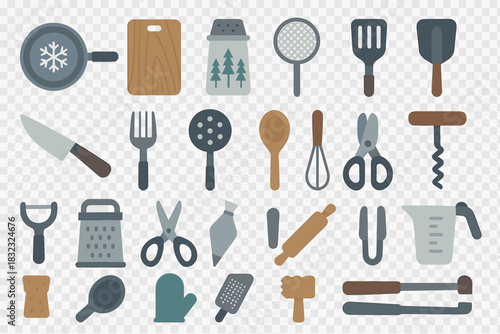 Flat kitchen utensil icon set on transparent background
