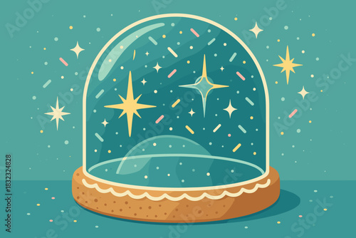 Magical teal snow globe with glowing stars