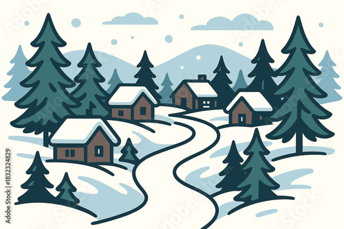 Snowy mountain village with cozy cabins and pine trees