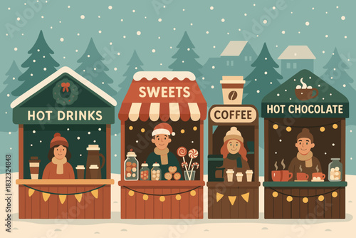 Winter holiday market with festive drink and sweet stalls
