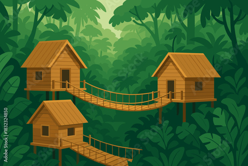 Wooden stilt houses connected by rope bridges in jungle
