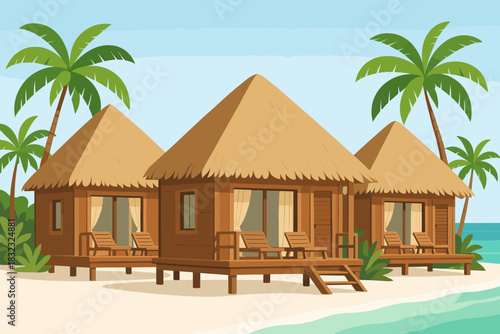 Thatched beach huts on tropical island with palm trees and ocean