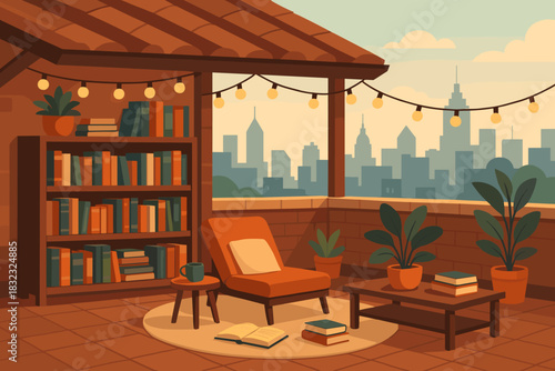 Cozy rooftop reading nook with city skyline at sunset