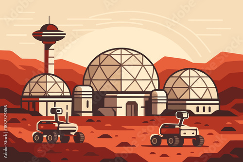Mars research base with domes and exploration rovers at sunset
