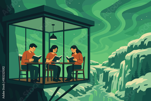 Cozy reading nook suspended above a snowy canyon under the northern lights