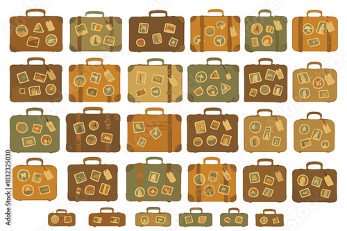 Retro travel luggage collection with destination stickers and tags
