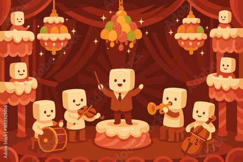 Cute Marshmallow Orchestra Performing on a Candy-Themed Stage
