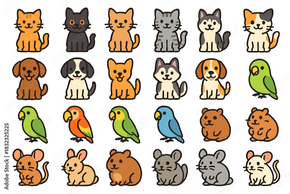 Obraz premium Cute cartoon pet icons set including cats, dogs, birds, and rodents
