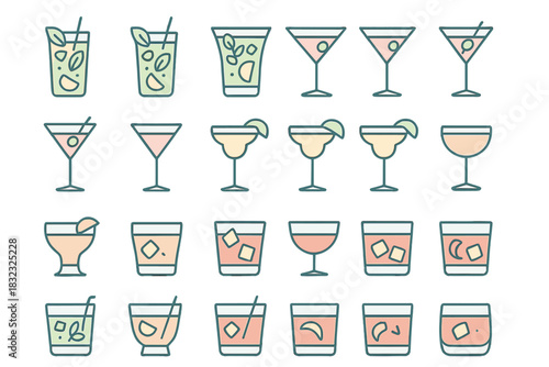 Minimalist cocktail and mixed drink icons with garnish elements